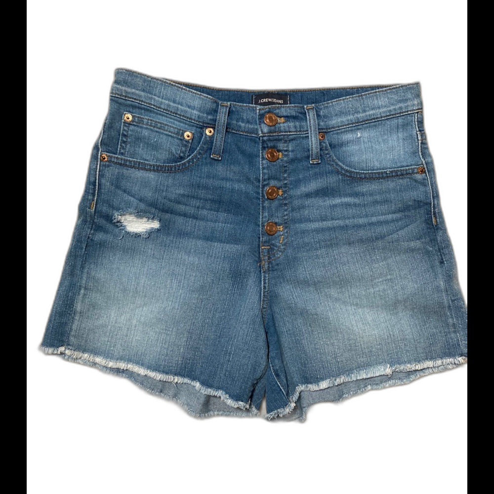 j crew jeans high rise denim short with exposed button fly raw edge hem 27